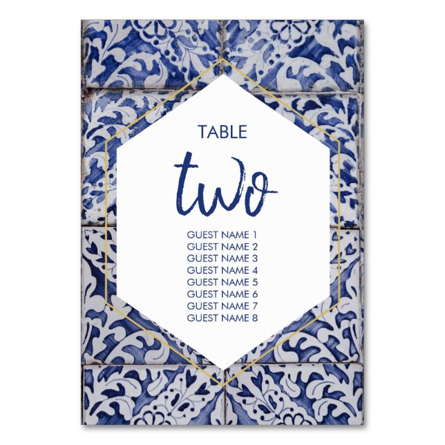 Rustic Portuguese Tiles Wedding Guest Names Table Number (Front)