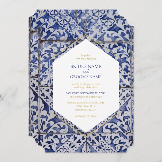 Rustic Portuguese Tiles Wedding Invitation (Front/Back)