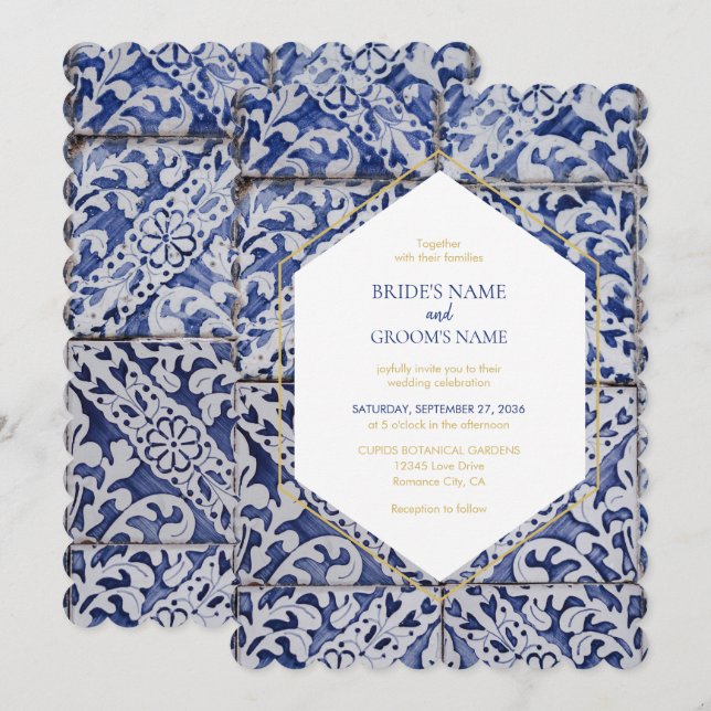 Rustic Portuguese Tiles Wedding Invitations (Front/Back)
