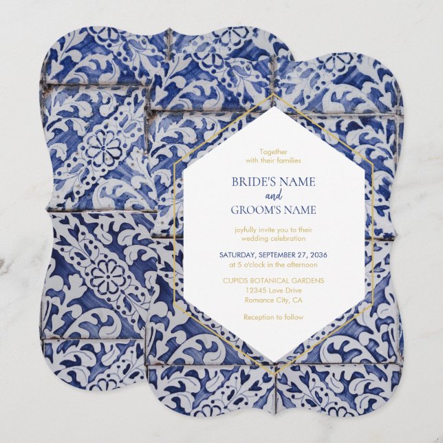 Rustic Portuguese Tiles Wedding Invitations (Front/Back)