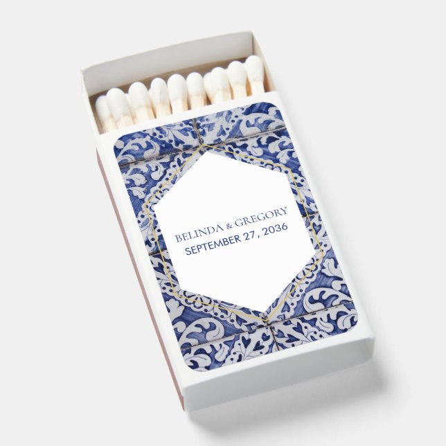 Rustic Portuguese Tiles Wedding Matchboxes (Front Open)