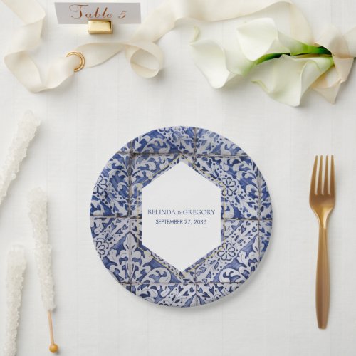 Rustic Portuguese Tiles Wedding Paper Plates