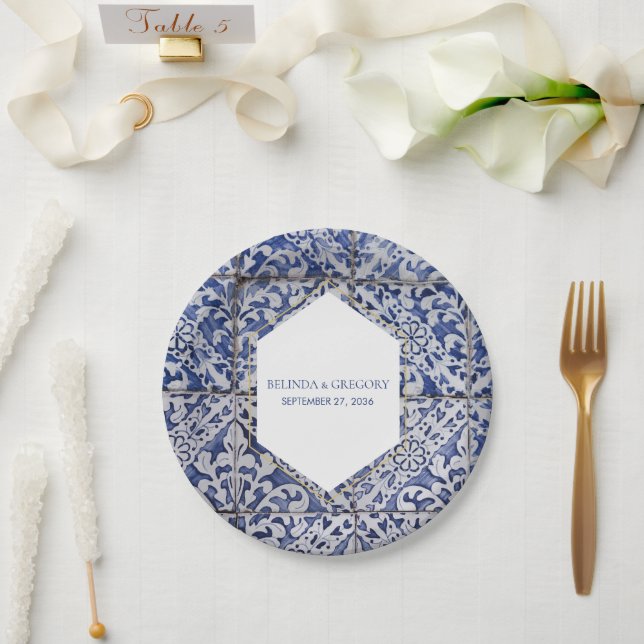 Rustic Portuguese Tiles Wedding Paper Plates (Wedding)