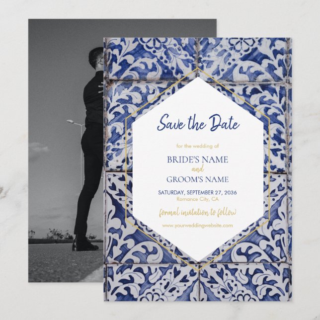 Rustic Portuguese Tiles Wedding Photo Save The Date (Front/Back)