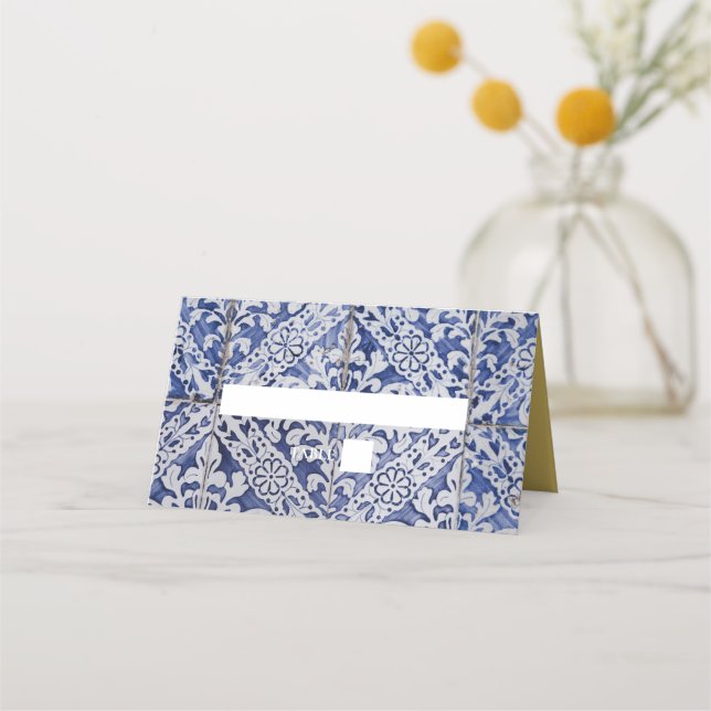 Rustic Portuguese Tiles Wedding Place Card (Front)