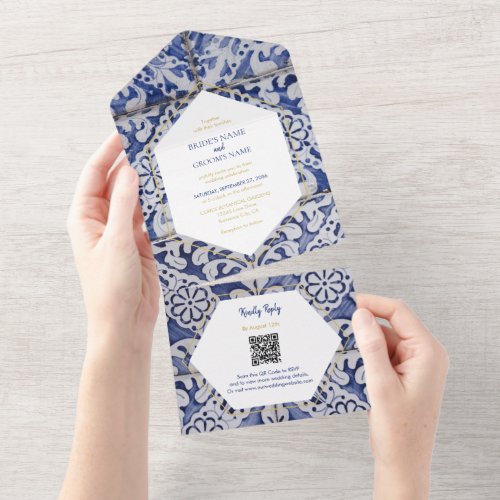 Rustic Portuguese Tiles Wedding QR Code All In One Invitation