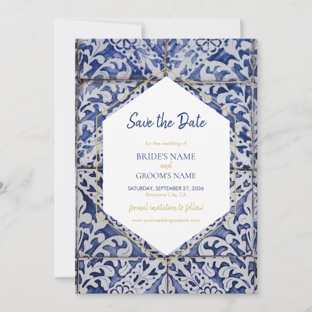Rustic Portuguese Tiles Wedding  Save The Date (Front)
