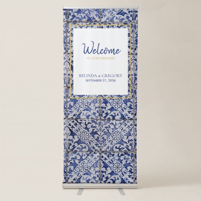 Rustic Portuguese Tiles Wedding Welcome Sign (Front)