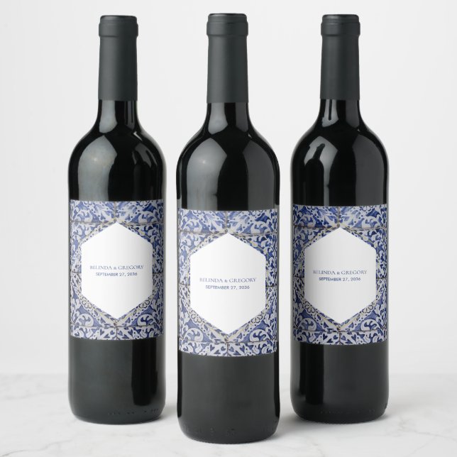 Rustic Portuguese Tiles Wedding Wine Label (Bottles)