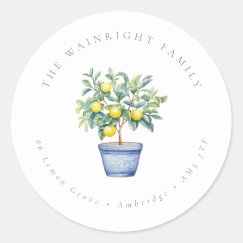 Rustic Potted Lemon Tree Family Return Address Classic Round Sticker