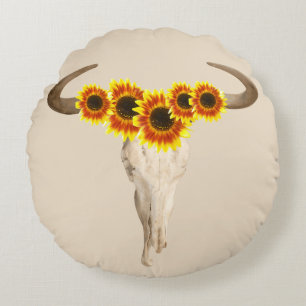Rustic Prairie Cow Skull & Sunflowers Round Pillow