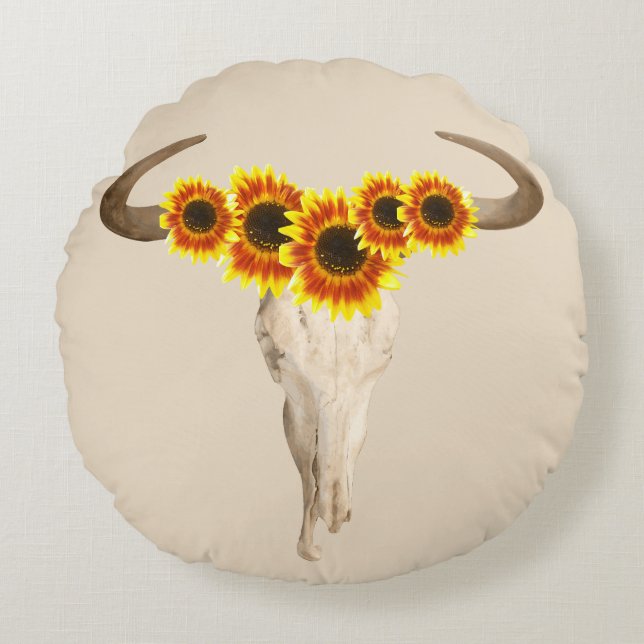 Rustic Prairie Cow Skull & Sunflowers Round Pillow (Front)