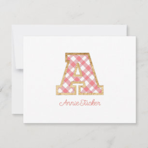 Rustic & Preppy "A" Pink Gingham on Wood Girly Note Card