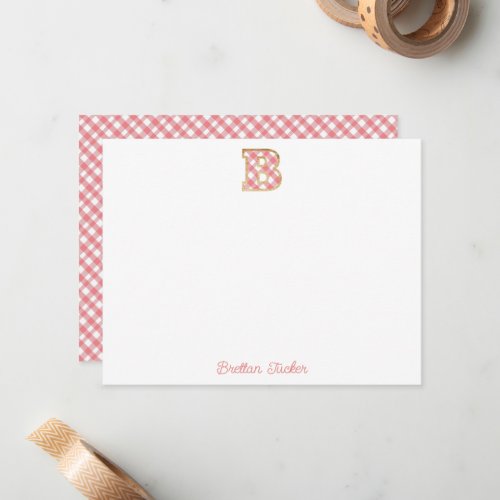 Rustic  Preppy B Pink Gingham on Wood Girly Note Card