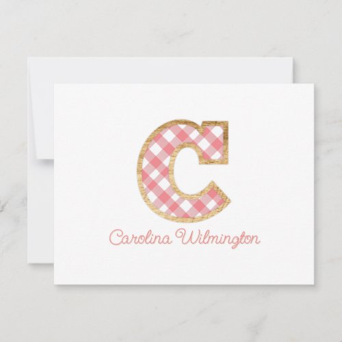 Rustic  Preppy C Pink Gingham on Wood Girly Note Card