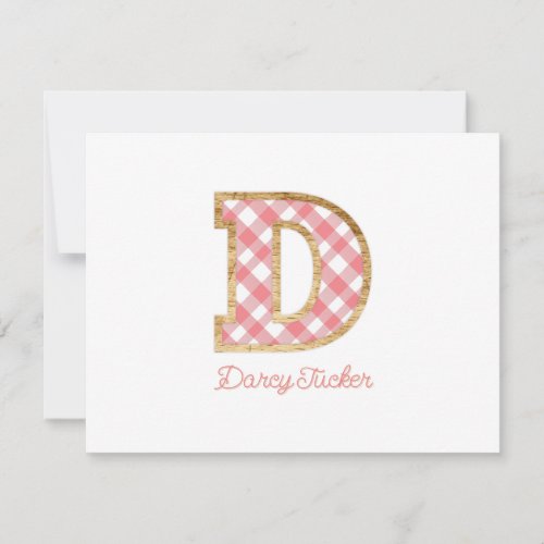 Rustic  Preppy D Pink Gingham on Wood Girly Note Card