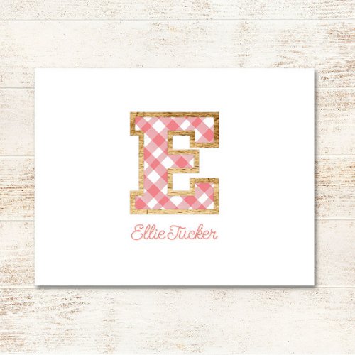 Rustic  Preppy E Pink Gingham on Wood Girly Note Card