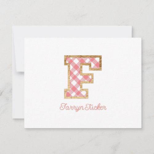 Rustic  Preppy F Pink Gingham on Wood Girly Note Card