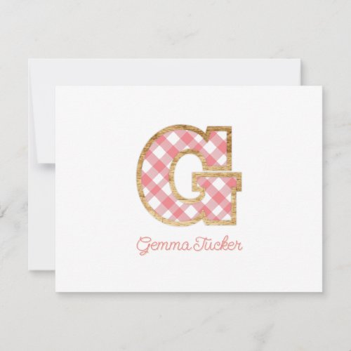 Rustic  Preppy G Pink Gingham on Wood Girly Note Card