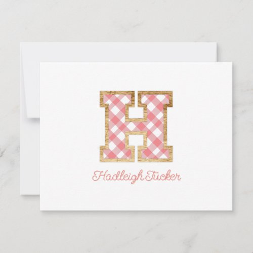 Rustic  Preppy H Pink Gingham on Wood Girly Note Card