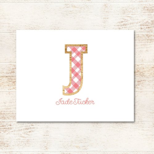 Rustic  Preppy J Pink Gingham on Wood Girly Note Card