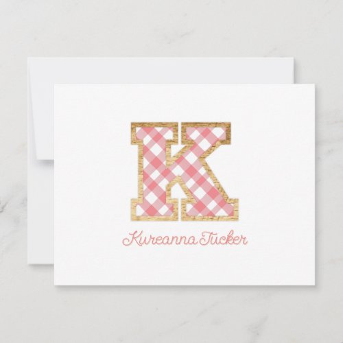 Rustic  Preppy K Pink Gingham on Wood Girly Note Card