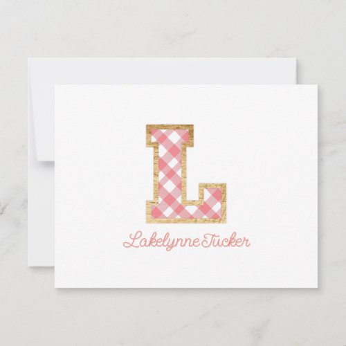 Rustic  Preppy L Pink Gingham on Wood Girly Note Card