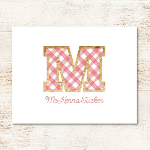 Rustic  Preppy M Pink Gingham on Wood Girly Note Card
