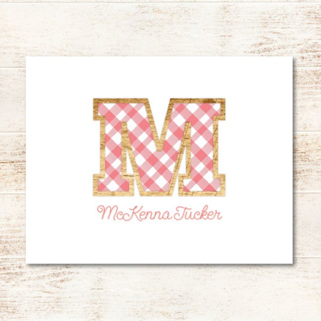 Rustic & Preppy "M" Pink Gingham on Wood Girly Note Card (Creator Uploaded)