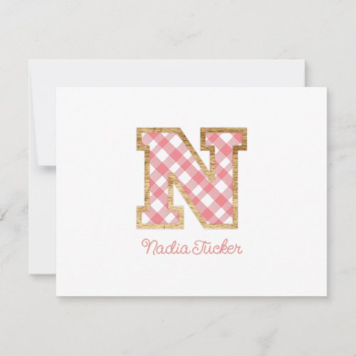 Rustic Preppy Monogram N Pink Gingham Wood Girly Note Card