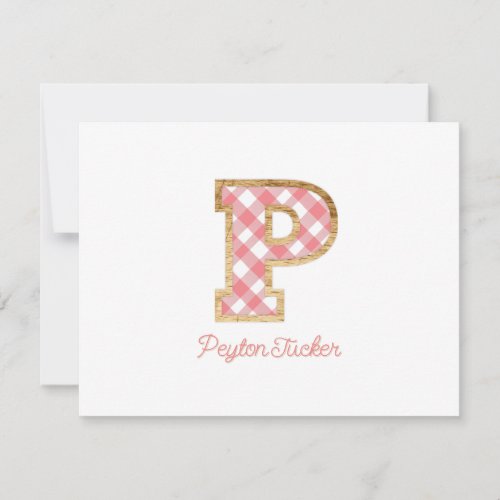 Rustic Preppy Monogram P Pink Gingham Wood Girly Note Card