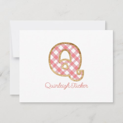 Rustic Preppy Monogram Q Pink Gingham Wood Girly Note Card