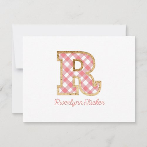 Rustic Preppy Monogram R Pink Gingham Wood Girly Note Card