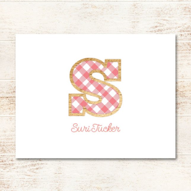 Rustic Preppy Monogram "S" Pink Gingham Wood Girl Note Card (Creator Uploaded)
