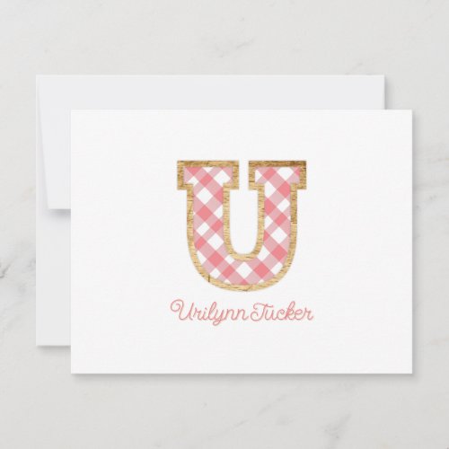 Rustic Preppy Monogram U Pink Gingham Wood Girly Note Card