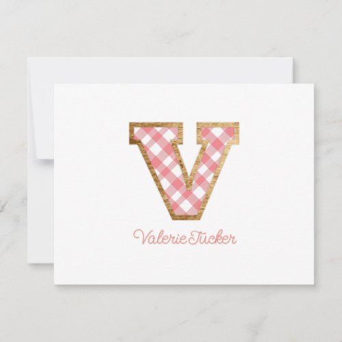 Rustic  Preppy V Pink Gingham on Wood Girly Note Card