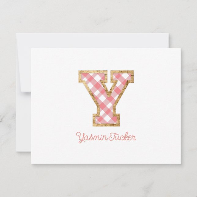 Rustic & Preppy "Y" Pink Gingham on Wood Girly Note Card (Front)