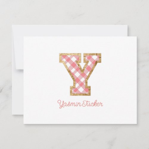 Rustic  Preppy Y Pink Gingham on Wood Girly Note Card