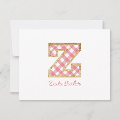Rustic  Preppy Z Pink Gingham on Wood Girly Note Card