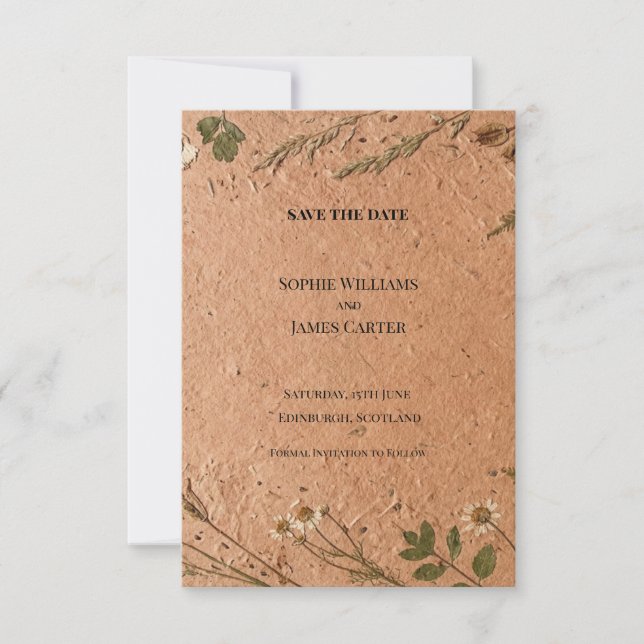 Rustic Pressed Flower Save The Date Card (Front)