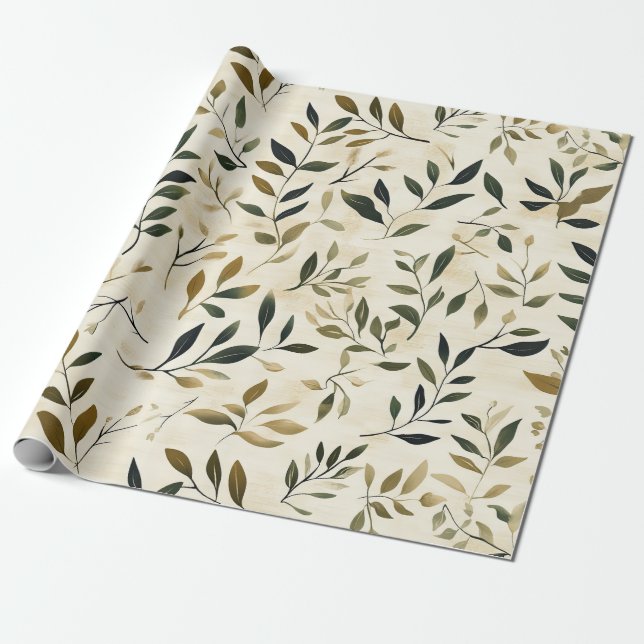 Rustic Pressed Leaves Pattern – Autumn Botanical Wrapping Paper (Unrolled)