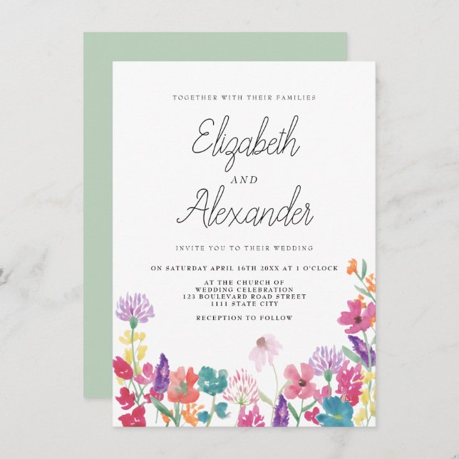 Rustic pressed wild flowers backyard wedding invitation (Front/Back)
