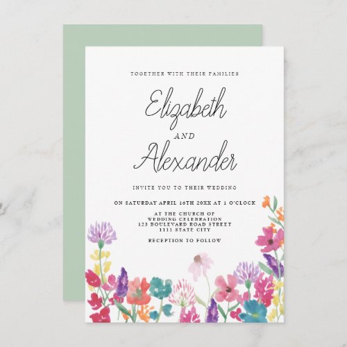 Rustic pressed wild flowers backyard wedding invitation