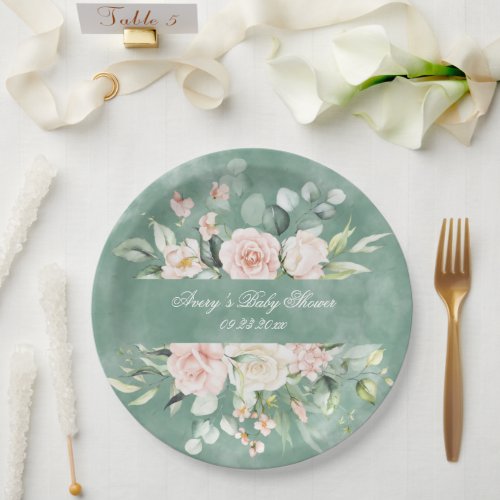 Rustic Pretty Green Floral Watercolor Vintage Paper Plates