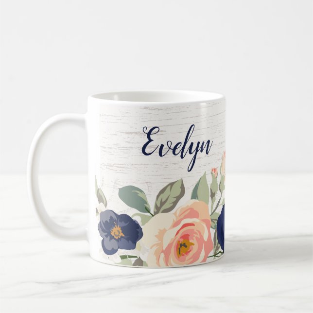 Rustic Pretty Navy Blue, Peach Floral Personalized Coffee Mug (Left)