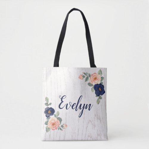 Rustic Pretty Navy Blue Peach Floral Personalized Tote Bag