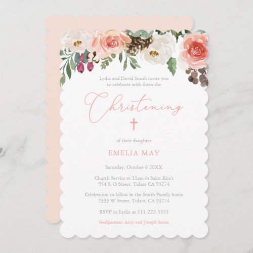 Rustic Pretty Peach Floral Girl Christening Party Invitation