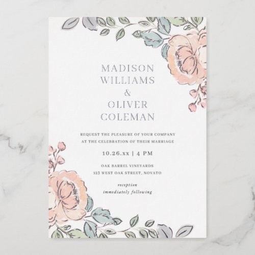 Rustic  Pretty Watercolor Floral Wedding REAL Foil Invitation