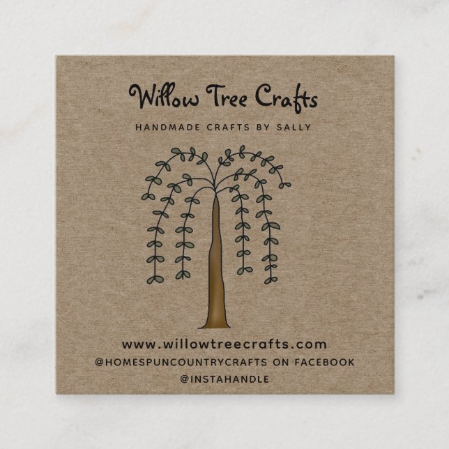Rustic Primitive Country Kraft Willow Tree  Square Business Card (Front)