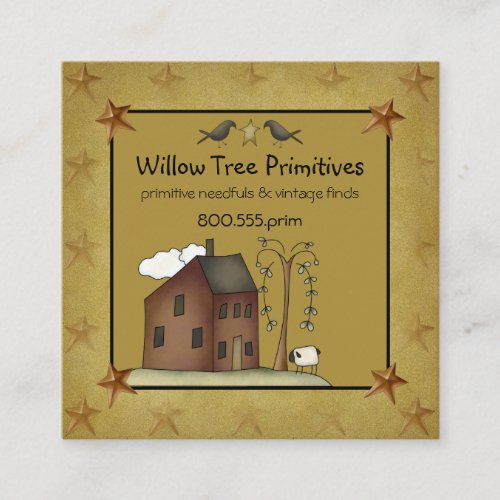 Rustic Primitive Country Saltbox House and Stars Square Business Card